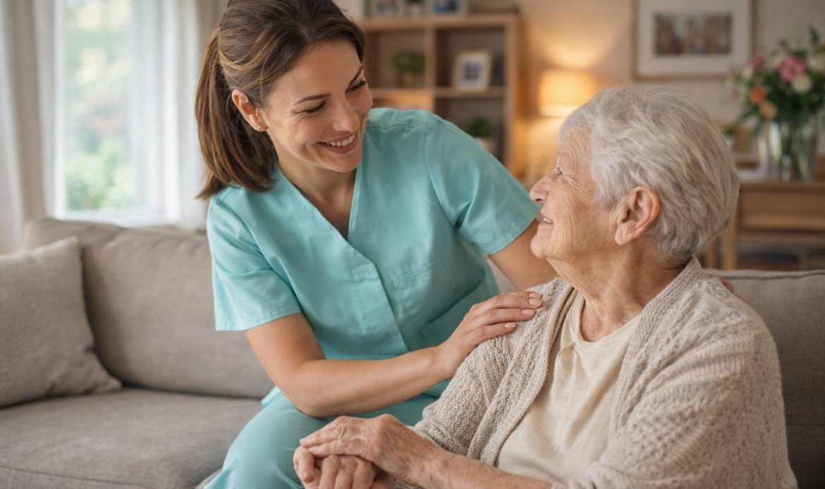 Auxiliaire de vie professionnelle aidant une personne âgée à domicile à Lucé, accompagnement humain et bienveillant