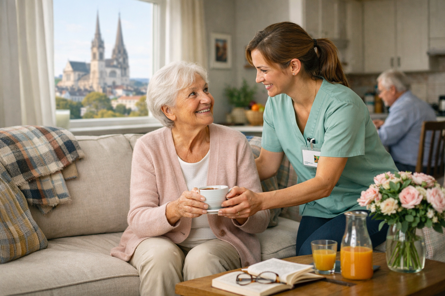 Aide à domicile avec auxiliaire de vie accompagnant une personne âgée